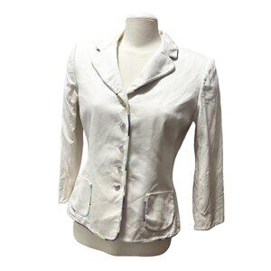 Stresa Collared Purple Button Cotton Blazer Sz 8 (Medium) Womens Cream Floral Ta